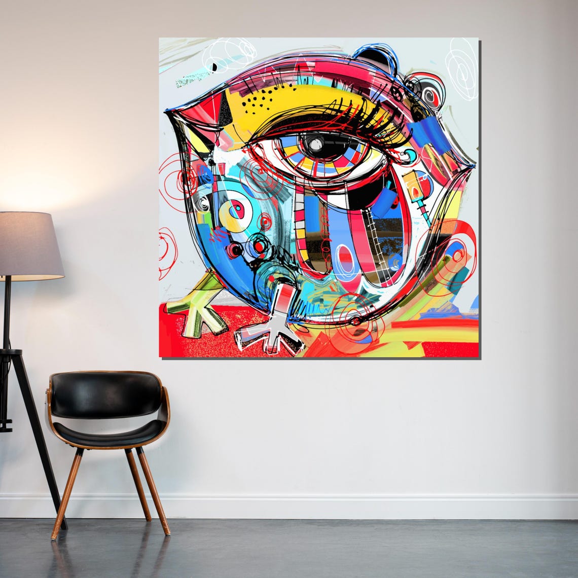 Colorful Abstract Owl Big Eye Pop Art Doodle Fun Style Wall Art - Image 2
