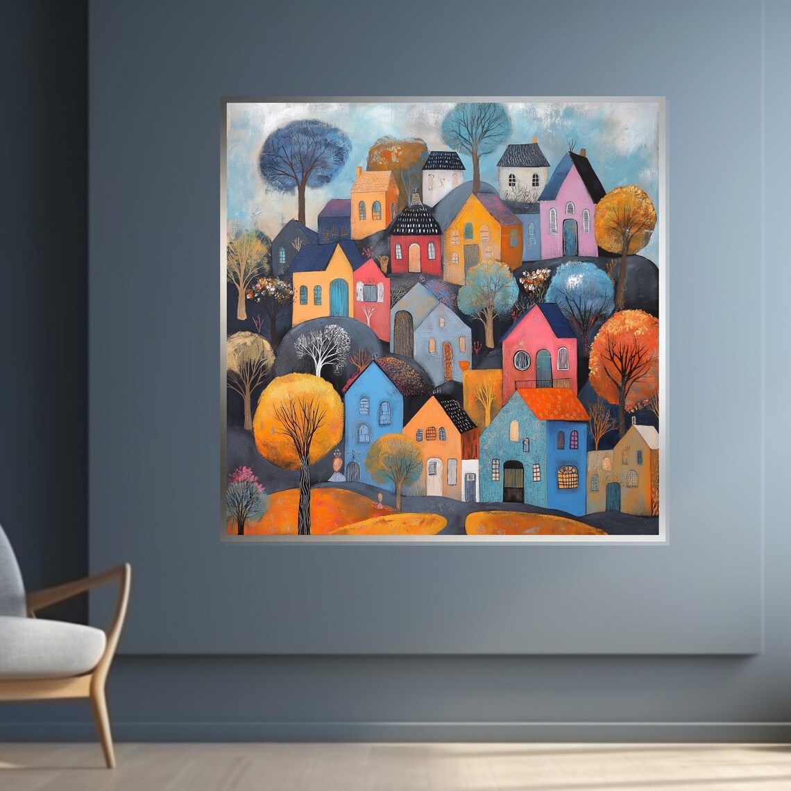 Whimsical Colorful Village Houses Hillside Folk Art Decor Poster - Image 4