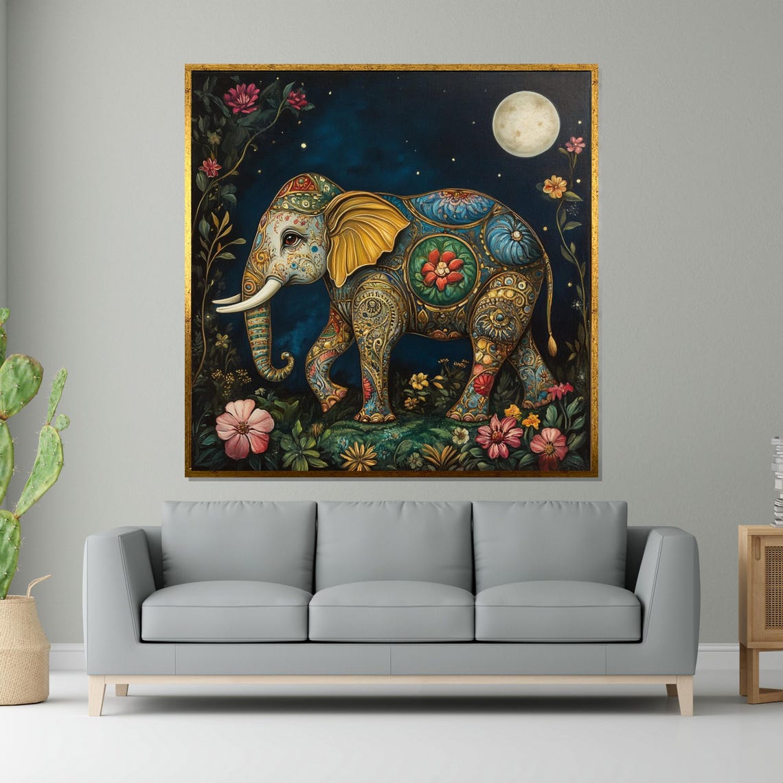 Ornate Floral Elephant under Moonlight Boho Indian Style Art Poster