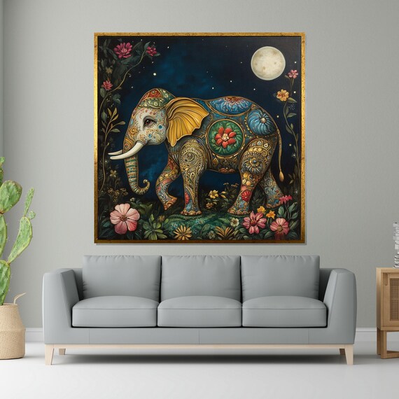 Ornate Floral Elephant under Moonlight Boho Indian Style Art Poster