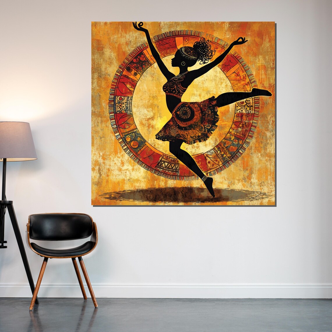 African Dancer Silhouette with Tribal Circle Golden Art Poster - Image 2