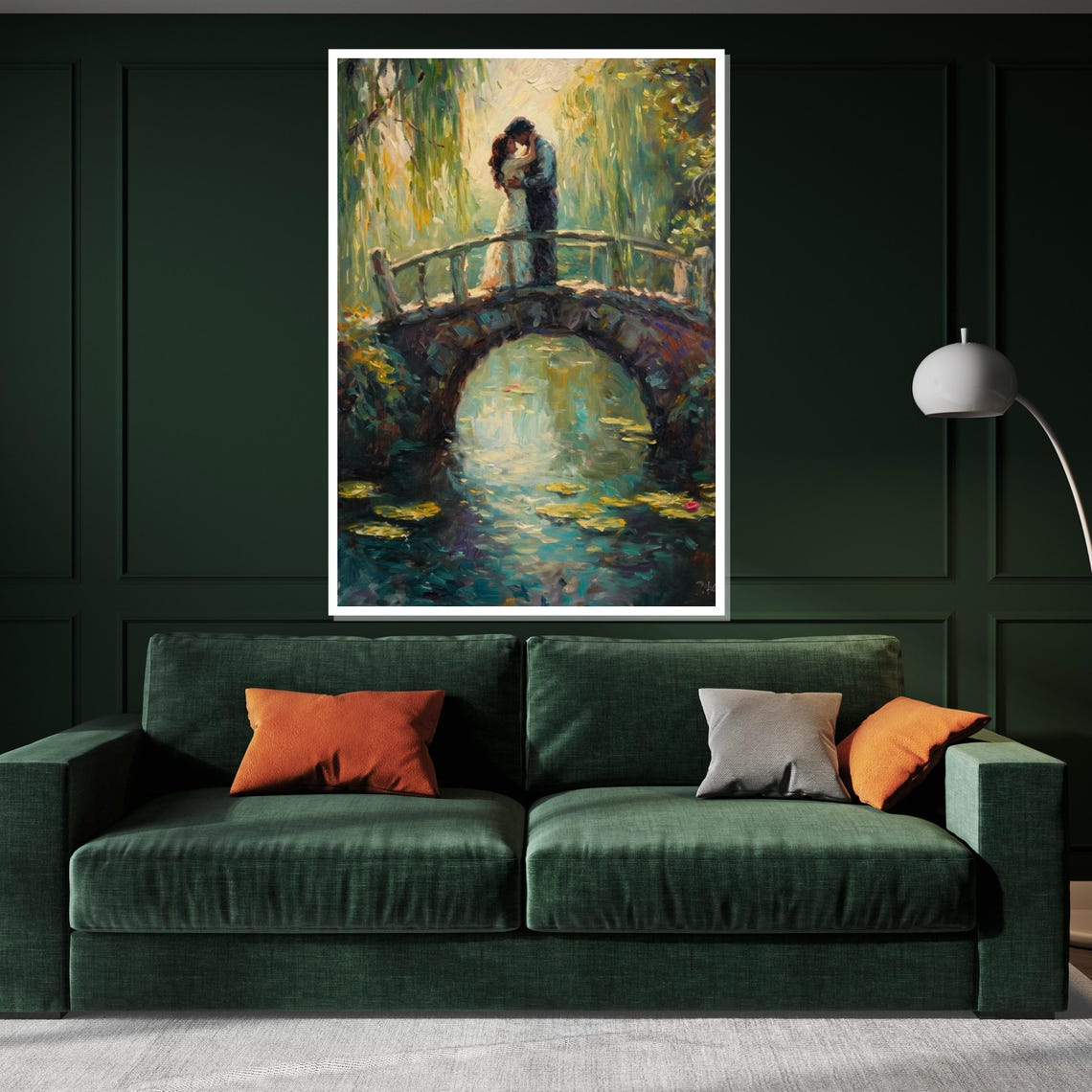 Lovers Kissing On Stone Bridge Over Lily Pond Impressionist Art Poster - Image 3