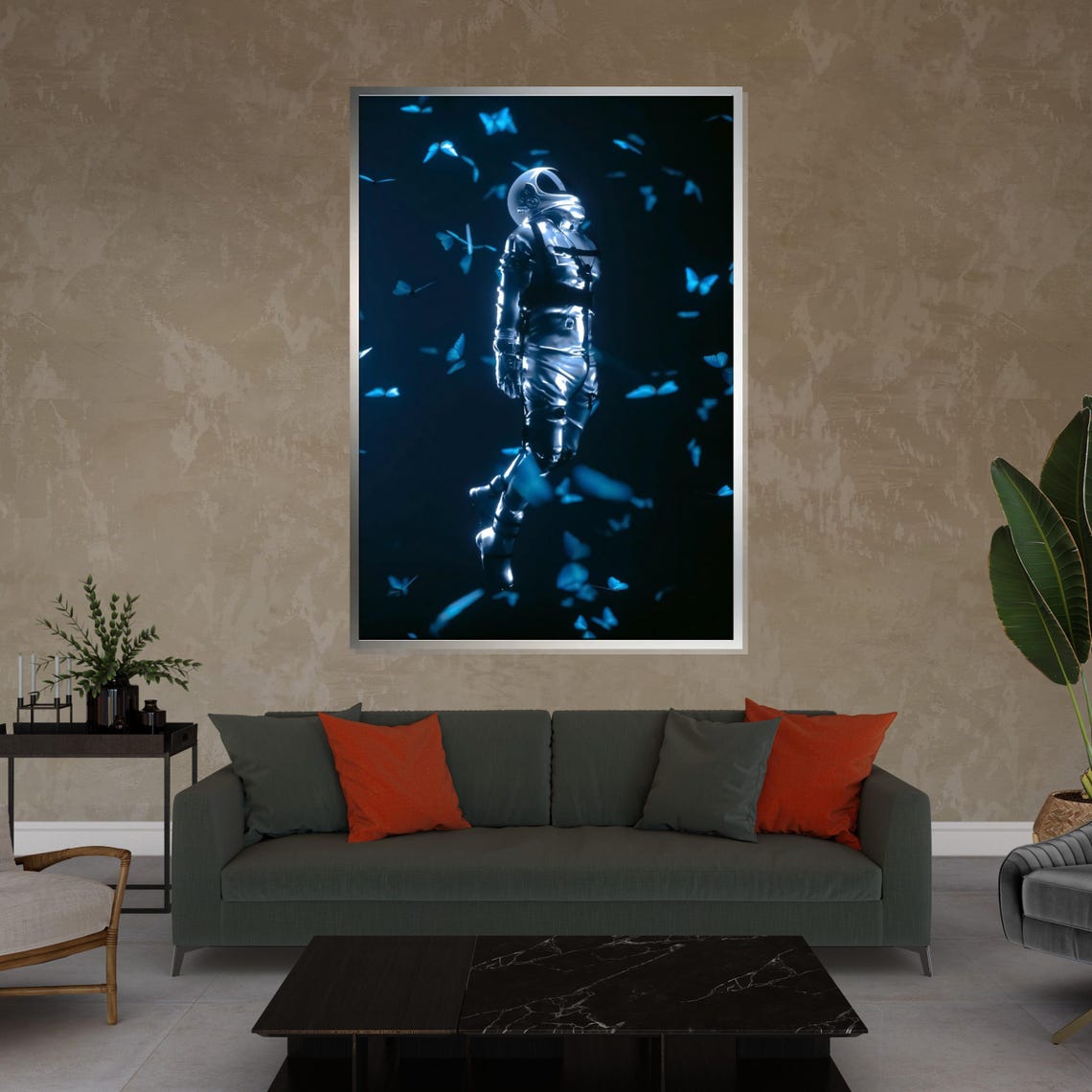 Silver Astronaut Floating Among Blue Butterflies Cosmic Dark Poster - Image 4
