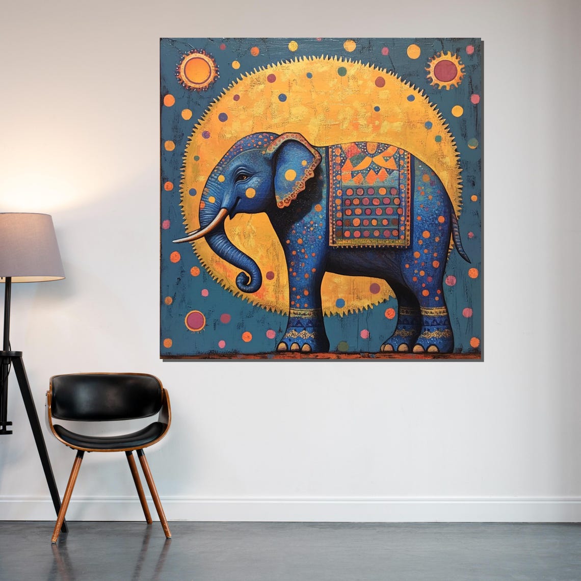 Blue Decorative Elephant Gold Sun Folk Art Vibrant Animal Poster - Image 2
