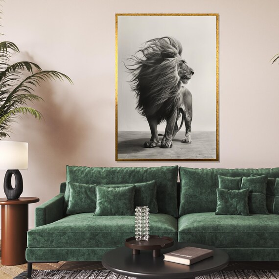Monochrome Lion Standing Windswept Mane Black White Art Poster