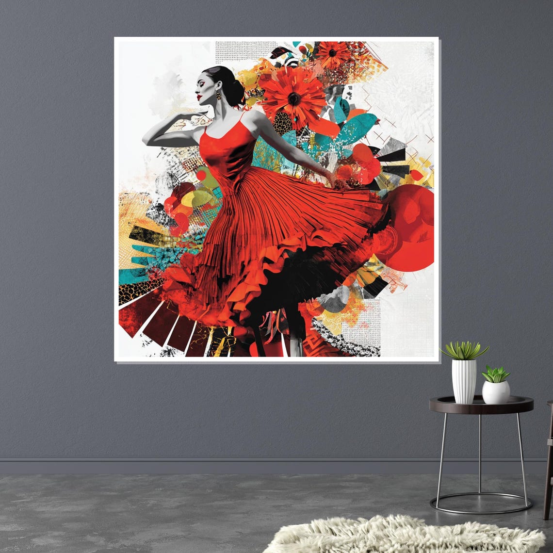 Red Dress Dancer Bold Modern Collage Colorful Floral Dance Poster - Image 3