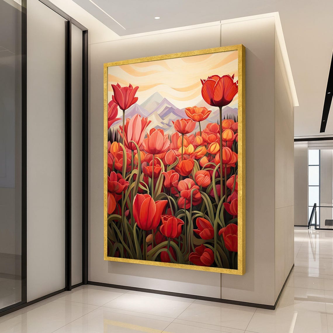 Red Tulip Field Mountain Meadow Vibrant Floral Landscape Wall Art