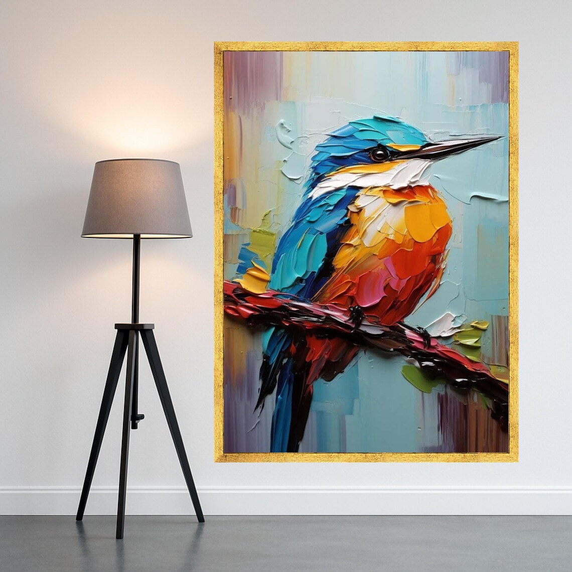 Vibrant Kingfisher Bird Palette Knife Painting Textured Art Poster