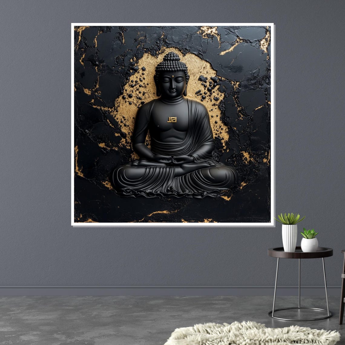 Black Buddha Statue Gold Leaf Textured Meditation Art Poster - Image 3