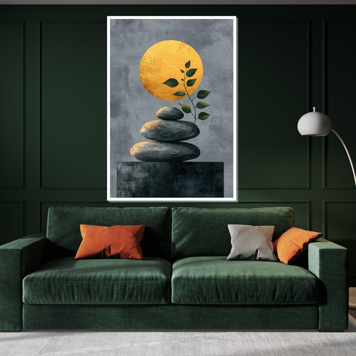 Zen Stone Cairn Golden Moon Branch Serene Minimalist Art Poster - Image 3