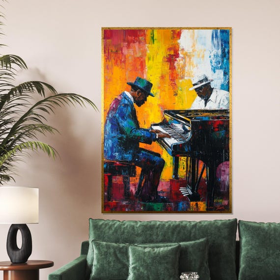 Jazz Musicians Art Colorful Piano Players Music Wall Art Jazz Duo Print Vibrant Design Ready To Hang Decoration