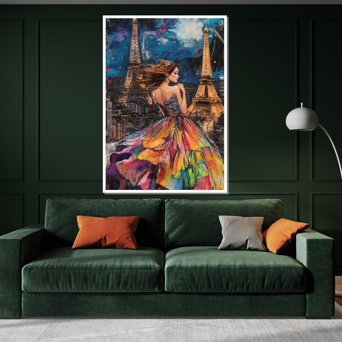 Woman In Multicolor Gown Twin Eiffel Towers Paris Night Fashion Poster - Image 3