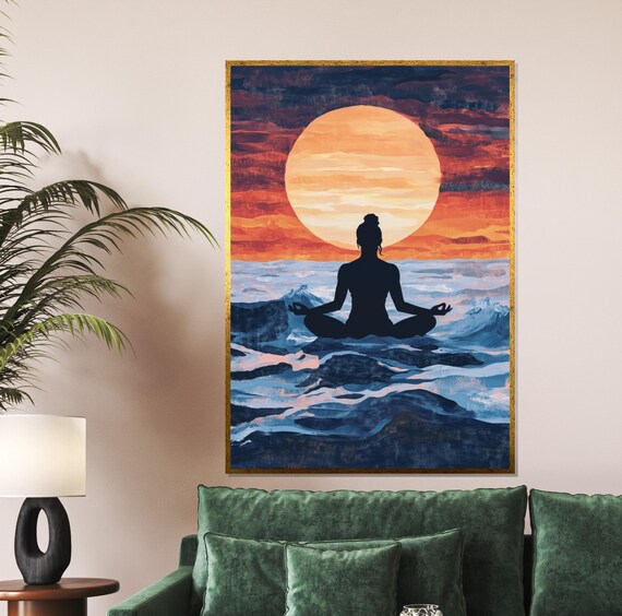 Sunset Meditation Silhouette Woman Ocean Waves Yoga Art Poster
