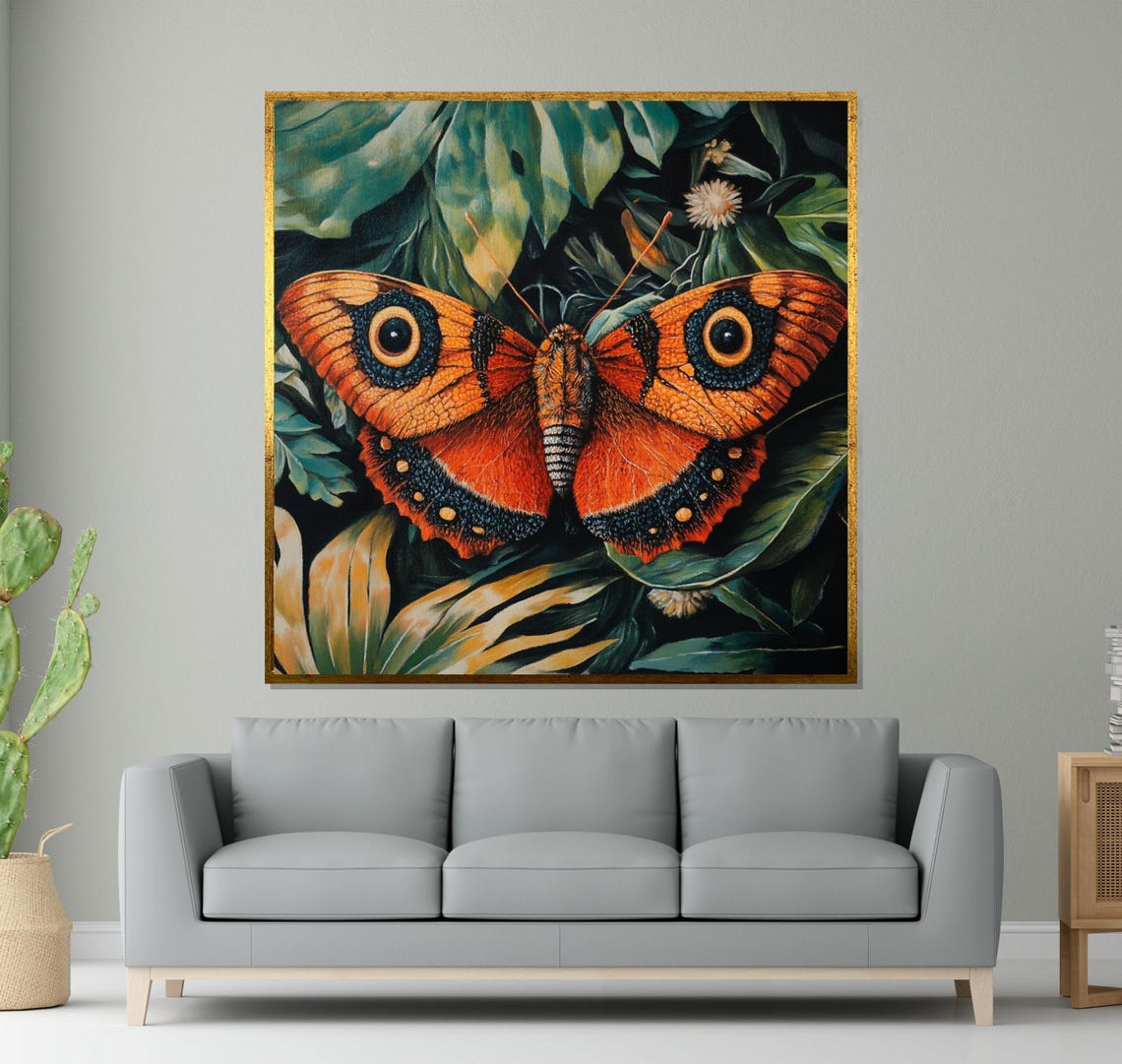Orange Emperor Moth With Eye Spots Among Green Leaves Art Poster