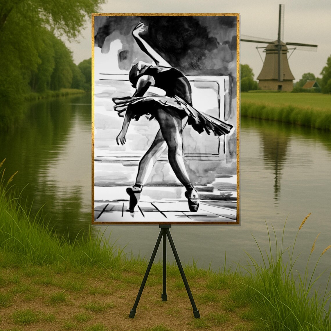 Black And White Ballet Dancer In Motion Ink Painting Wall Art