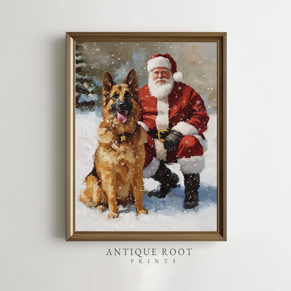 Santa Claus German Shepherd Snow Portrait Classic Christmas Dog Poster