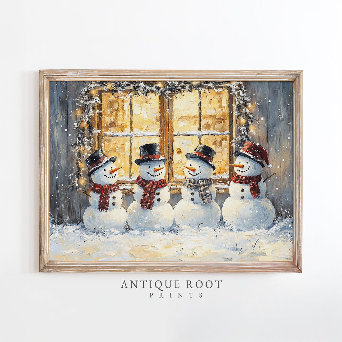 Four Snowmen Top Hats In Snow By Glowing Window Christmas Poster