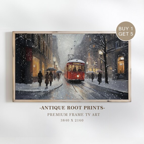Vintage Red Tram Samsung Frame Tv Art Cozy Winter Cityscape Painting Moody Impressionist Style For 15