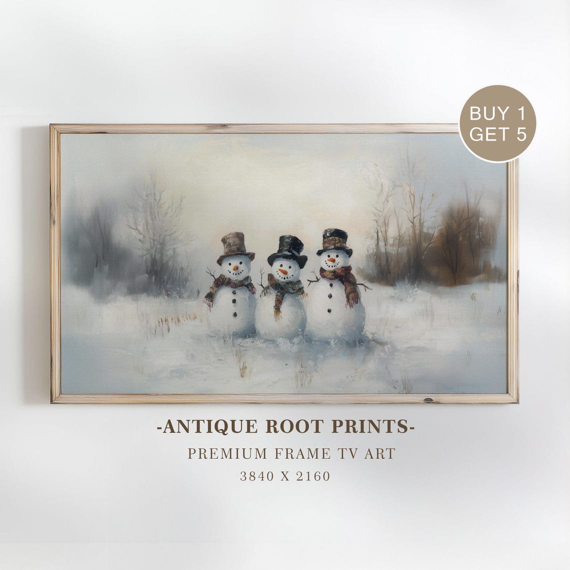 Three Snowmen Cozy Winter Field Vintage Impressionist Snow Poster