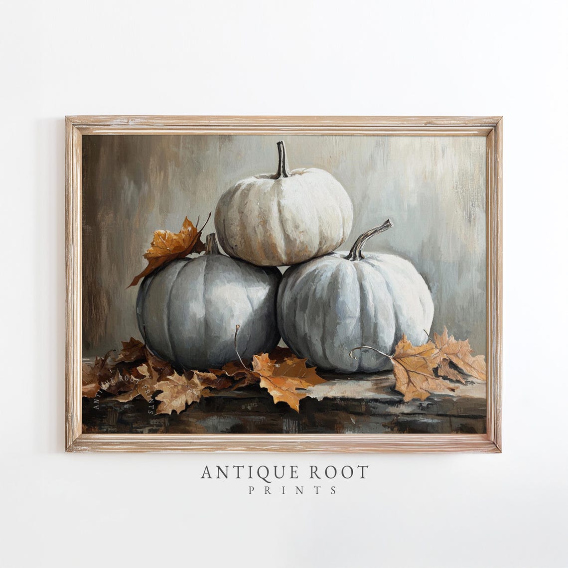 Neutral Fall Pumpkin Still Life With Autumn Oak Leaves Rustic Print