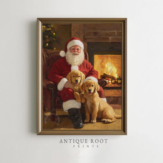 Christmas Santa And Puppies Illustration Print Festive Holiday Vintage Wall Art Cozy Fireplace Decor Instant 75