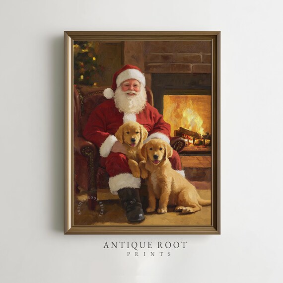 Santa Claus With Golden Puppies Fireplace Cozy Christmas Art Poster
