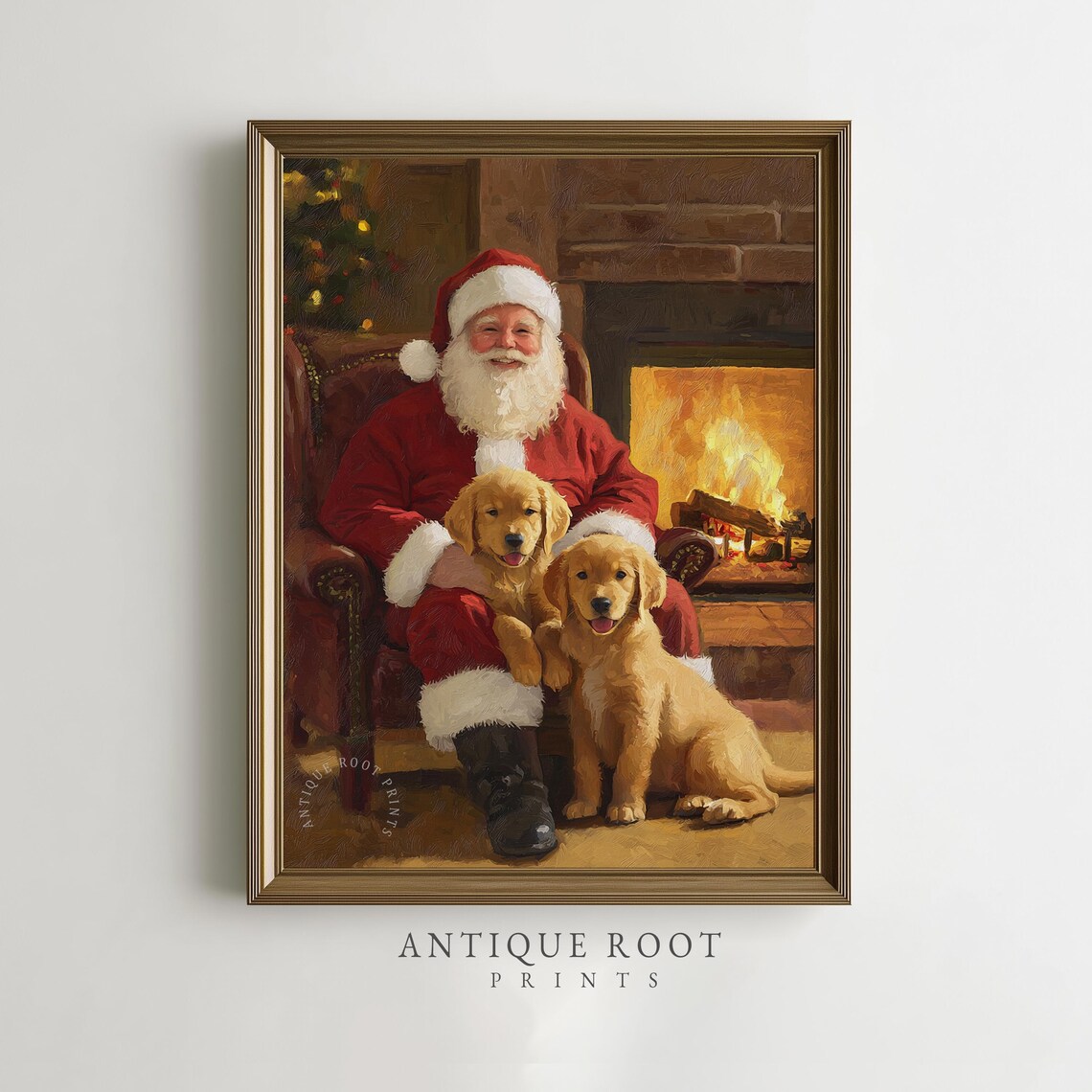 Santa Claus With Golden Puppies Fireplace Cozy Christmas Art Poster