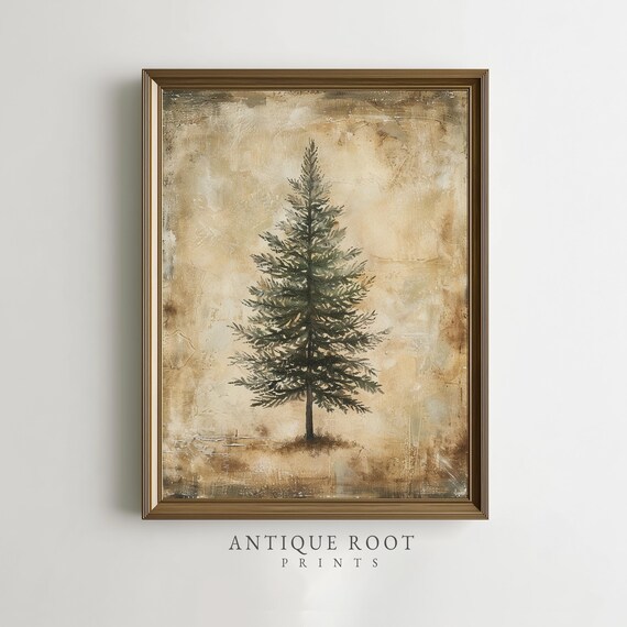 Rustic Evergreen Tree Vintage Farmhouse Wall Art Neutral Botanical Decor Cozy Minimalist Style Print
