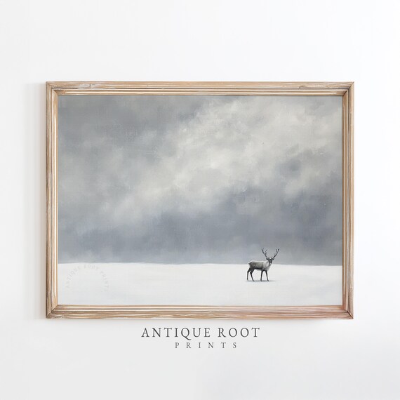 Moody Winter Stag Art Print Serene Snow Landscape Artwork Minimalist Neutral Wall Scandinavian Decor