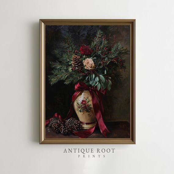 Vintage Winter Floral Still Life Roses Pinecones Holiday Poster