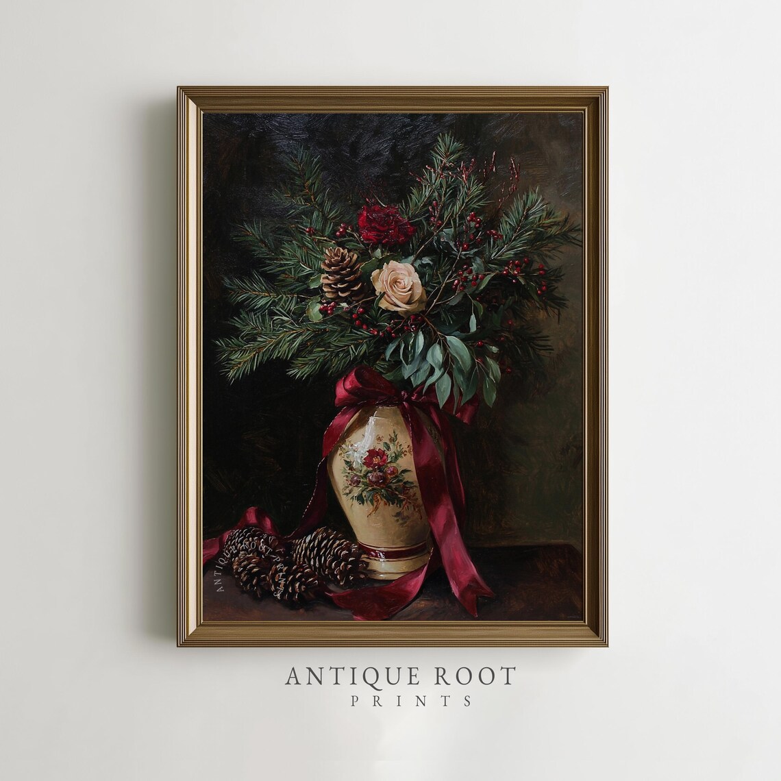Vintage Winter Floral Still Life Roses Pinecones Holiday Poster