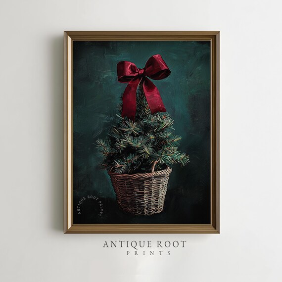 Small Christmas Tree Oil Painting Realistic Holiday Decor Rustic Evergreen In Basket With Red Bow Moody Vintage Art Instant 79