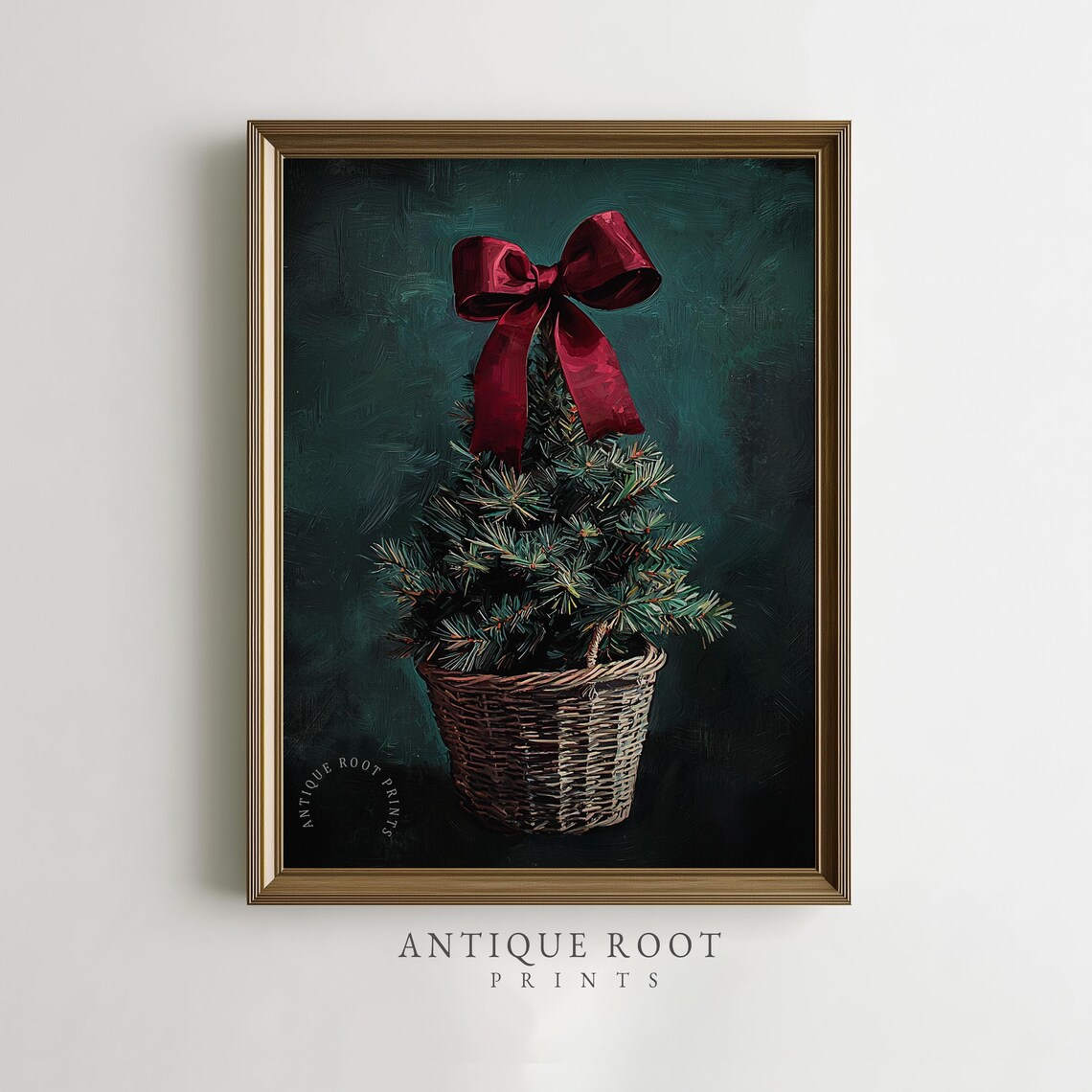 Potted Christmas Tree Red Velvet Bow Basket Festive Oil Painting Poster