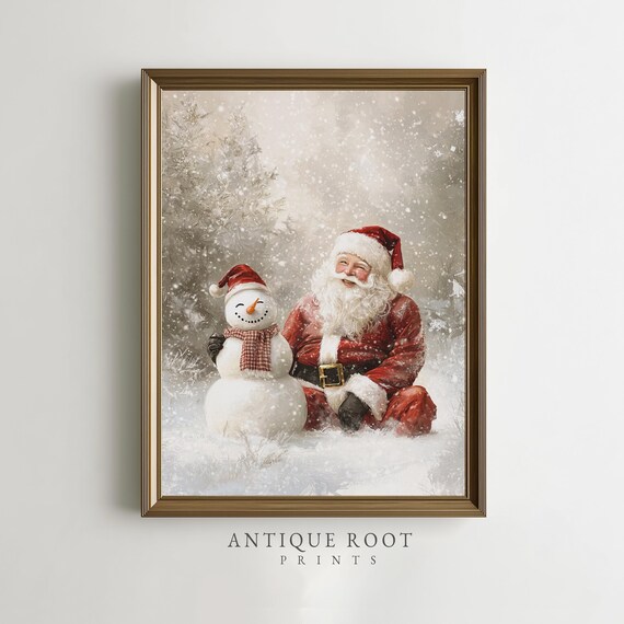 Santa Claus with Snowman Winter Scene Vintage Christmas Art Poster