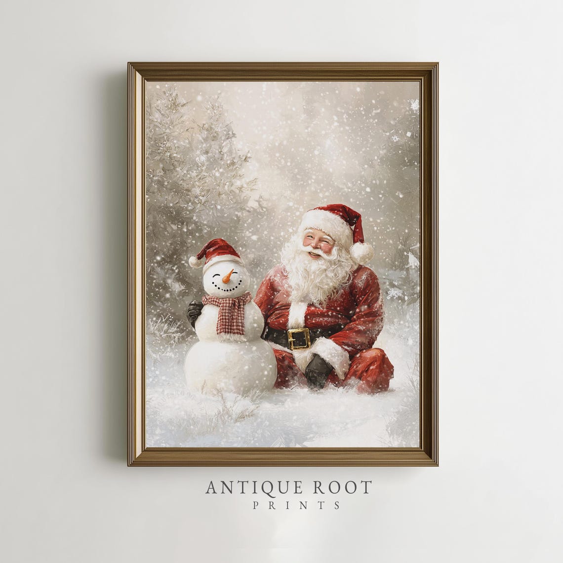 Santa Claus with Snowman Winter Scene Vintage Christmas Art Poster