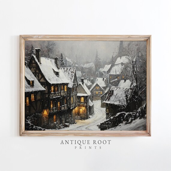 Winter Village Scene Cozy Rustic Wall Art Vintage Cottage Night Painting Moody Christmas Home Decor 60