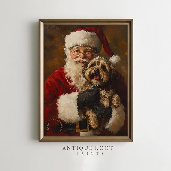 Santa Claus Hugging a Fluffy Puppy Classic Christmas Art Print