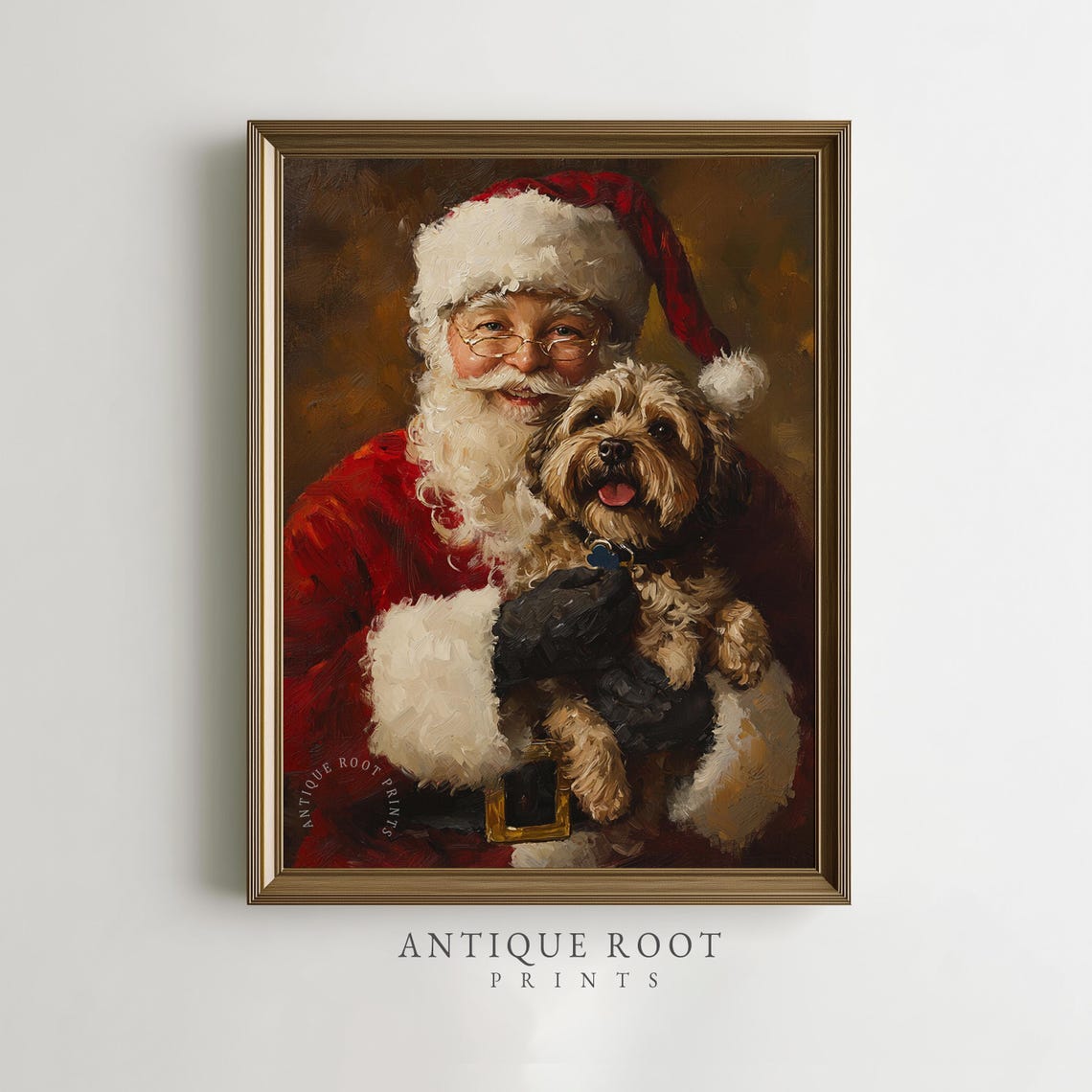 Santa Claus Hugging a Fluffy Puppy Classic Christmas Art Print