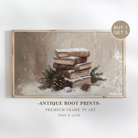 Rustic Antique Books Samsung Frame Tv Art Cozy Winter Farmhouse Decor Neutral Snowy Illustration For 64