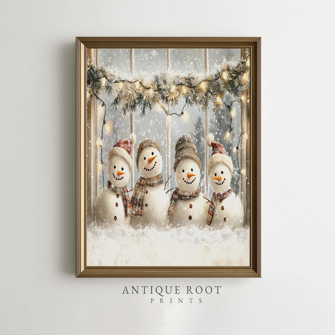 Four Snowmen With Scarves And Hats Snowy Christmas Window Painting Poster