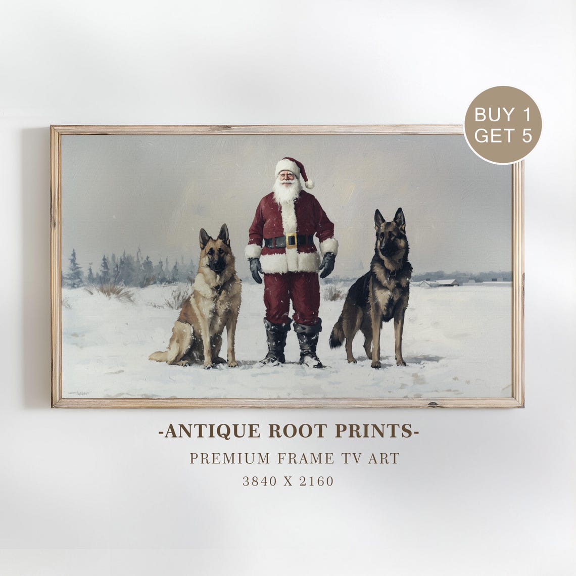 Vintage Santa Claus Two German Shepherds Snowy Winter Scene Poster