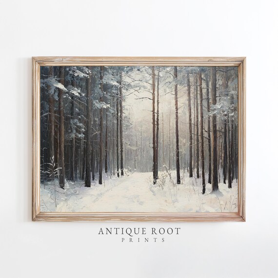 Snowy Pine Forest Impressionist Winter Painting Moody Serene Landscape Art Grayblue Tones Wall Instant 70