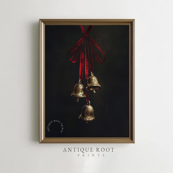 Gold Bells Red Ribbon Dark Moody Classic Holiday Still Life Poster