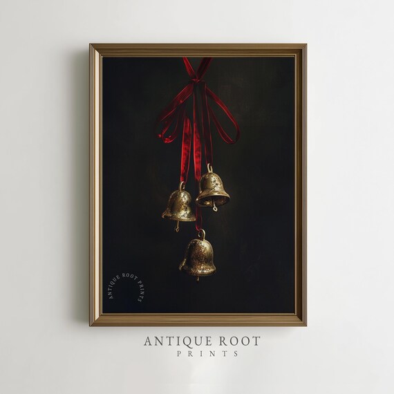 Gold Bells With Red Ribbons Festive Classic Holiday Stilllife Moody Vintage Decor Fine Art Photograph Christmas Instant