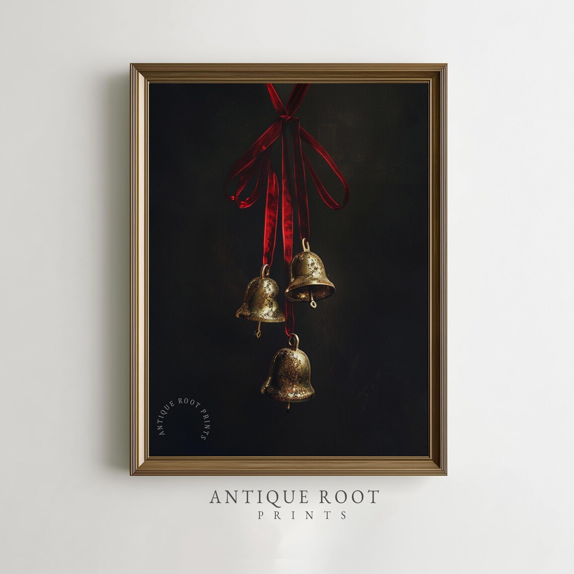 Gold Bells Red Ribbon Dark Moody Classic Holiday Still Life Poster