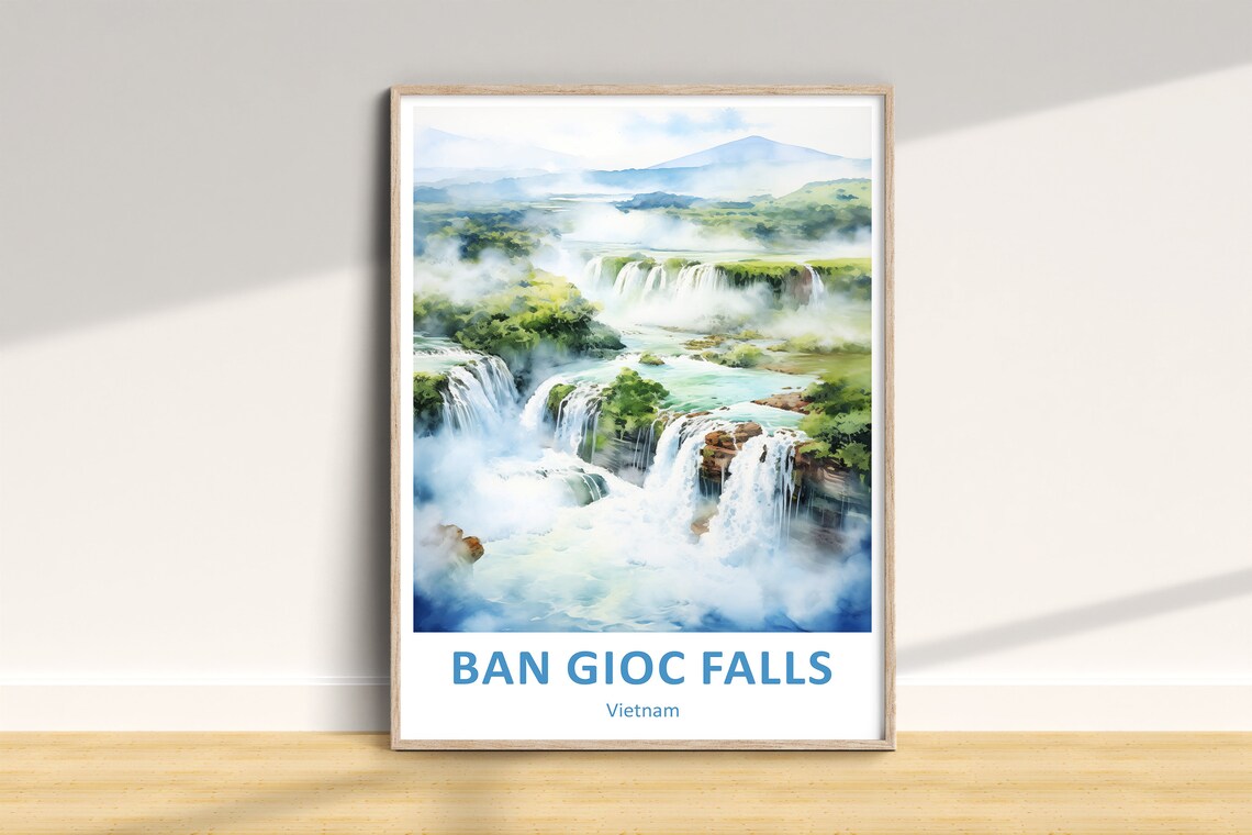 Ban Gioc Falls Vietnam Waterfall Watercolor Travel Art Poster