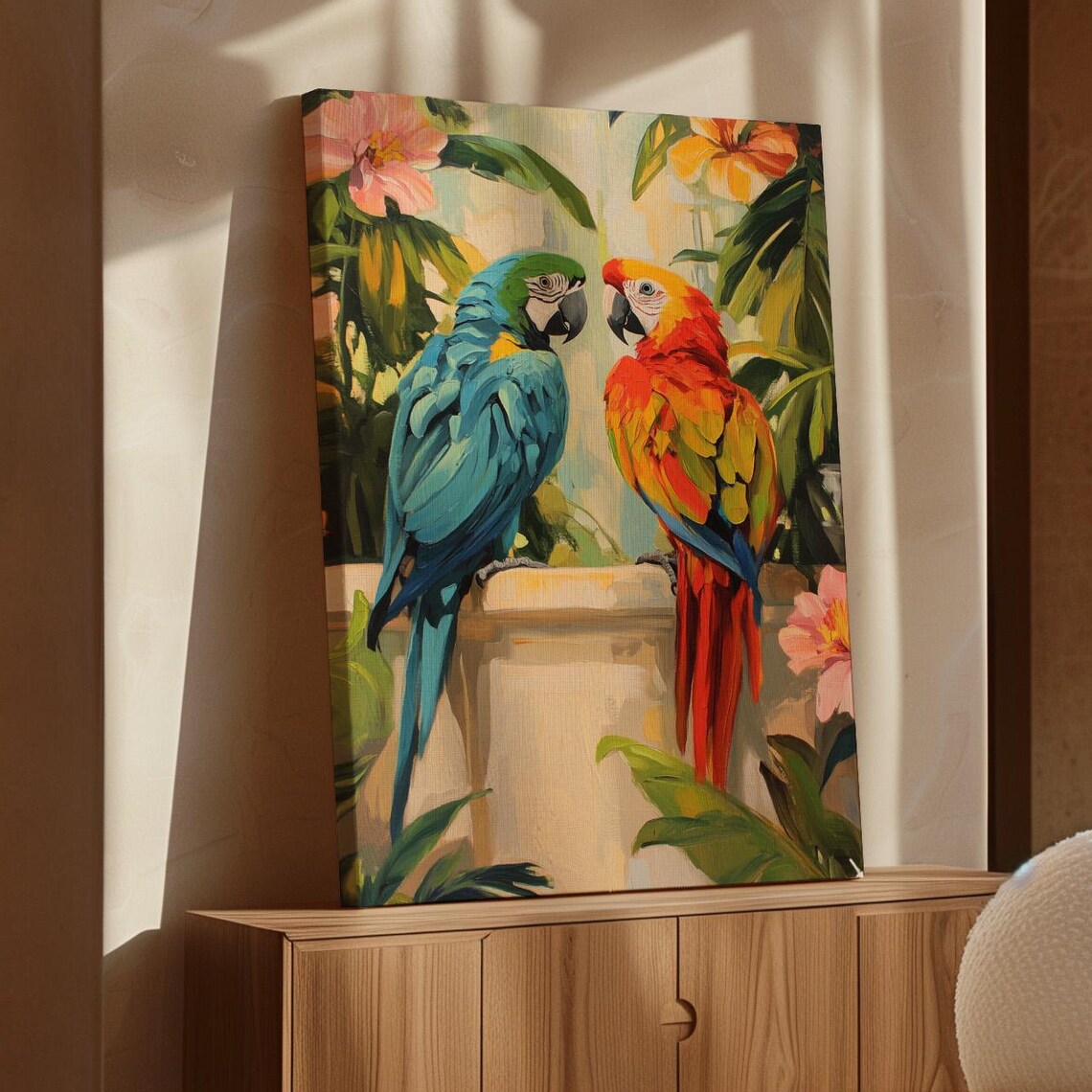 Colorful Blue and Scarlet Macaw Pair in Tropical Foliage Poster