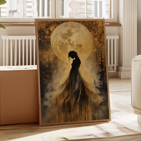 Woman Silhouette Under Golden Moon Mystical Forest Night Print