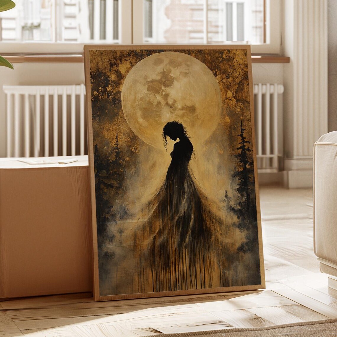 Woman Silhouette Under Golden Moon Mystical Forest Night Print
