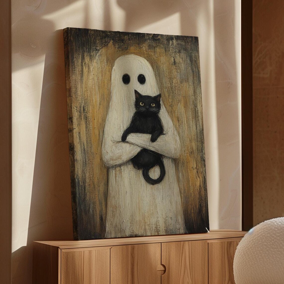 Ghost And Black Cat Rustic Halloween Art Print